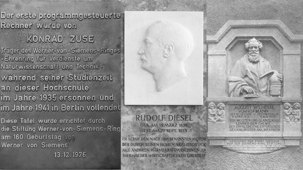 Collage von drei Denkmälern, vergeben von der Stiftung Werner-von-Siemens-Ring